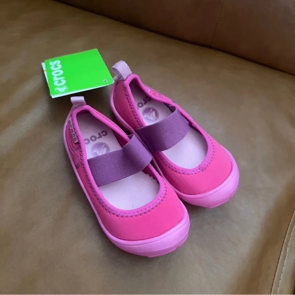 CROCS Shoes Kids Girl's Sz 7 Pink Mary Jane Water Swim Strap NonSlip Sole NWT